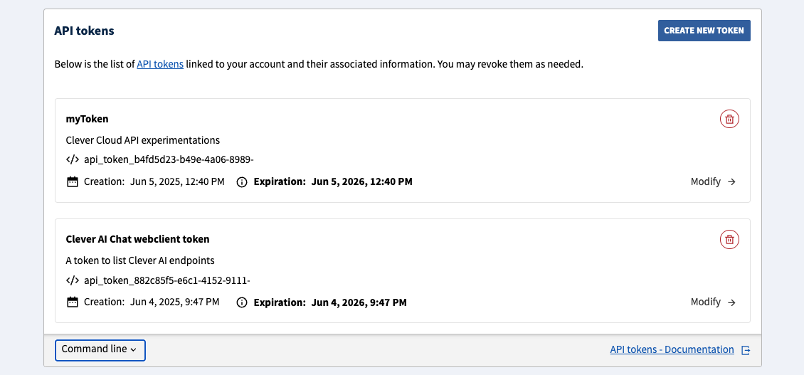 Manage API tokens in Clever Cloud Console
