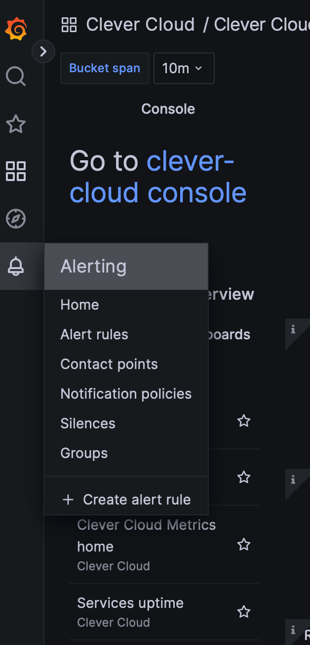Alert option from the general menu in Grafana Alert option